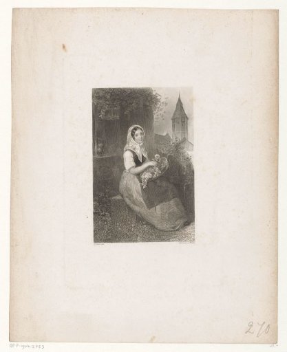 Girl seated before a house, a basket of flowers on her lap