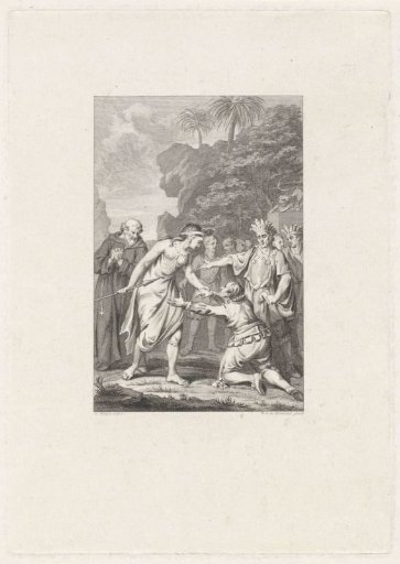 A bound man kneels before a woman