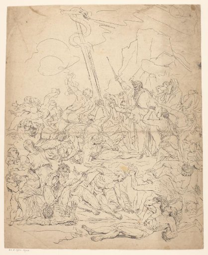 Angel on a cloud by a pillar with a globe, a sword, and medallions