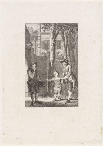 A boy points out a beggar to a gentleman