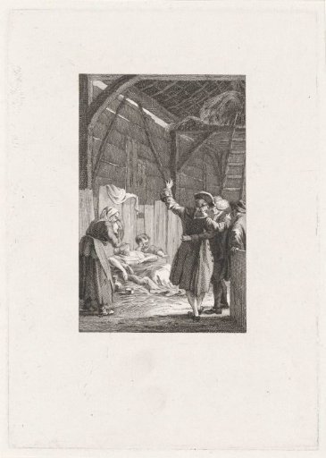 Several figures by a dead woman in a barn