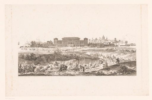 Landscape with a view of a city and approaching cavalry