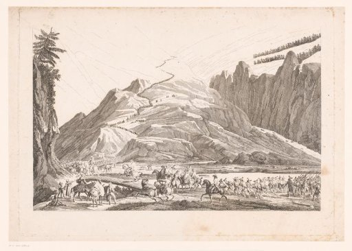 Mountain landscape with travelling cavalry