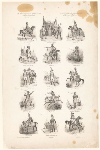 Fifteen scenes of soldiers in various costumes during the First French Republic