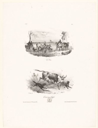 Two scenes with animals and people at a ferry and an escaped bull