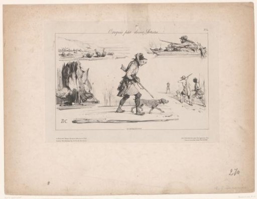 Hunter with dog and various hunting scenes