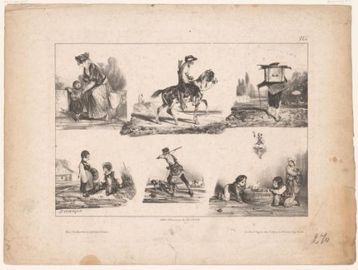Six representations of children, hunters and other figures