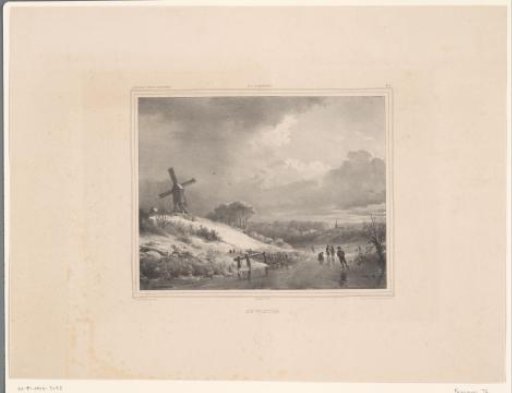 Winter landscape with a mill and skaters