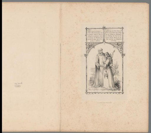 Man in habit holding the hand of a woman with a harp