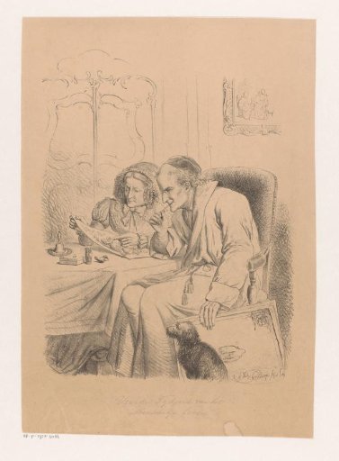 Old man and woman looking at a drawing