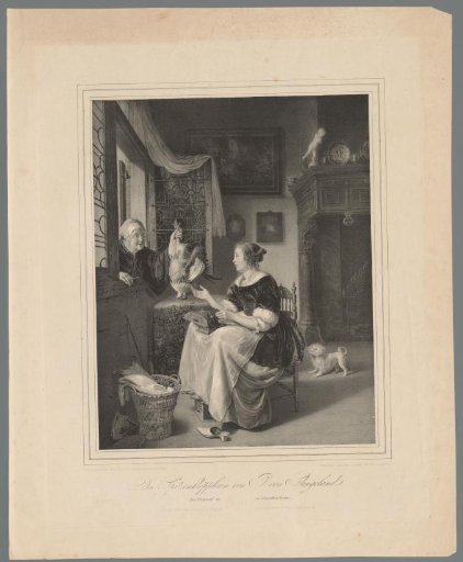 Woman handing a rooster through a window to a lace worker