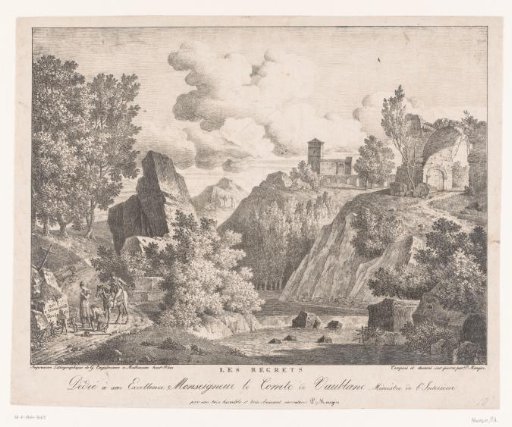 Company at a tomb monument in a mountain landscape with ruins