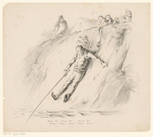 Man with a Fishing Rod Slipping Down a Slope