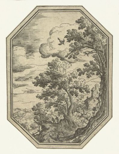 Landscape with path between trees in octagonal frame