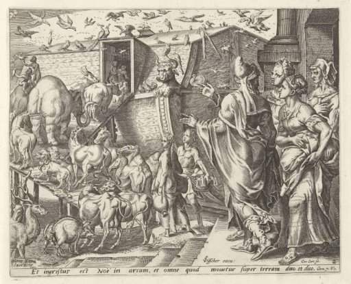 Noah embarks with his family and the animals on the ark