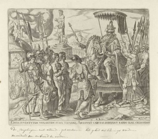 Shadrach, Meshach, and Abednego before King Nebuchadnezzar