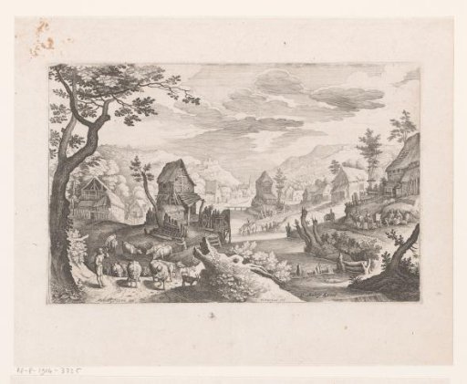 Village in the mountains with a stream and a cattle herdsman blowing a horn