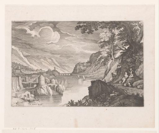 Ruins of a town with river in mountain landscape with spinning shepherds