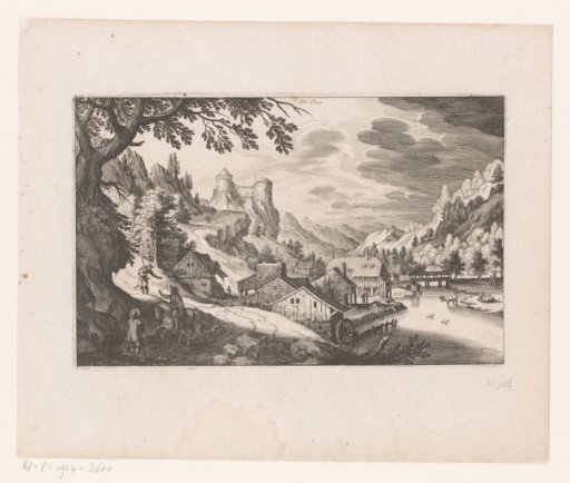 Mountain landscape with river, village and castle