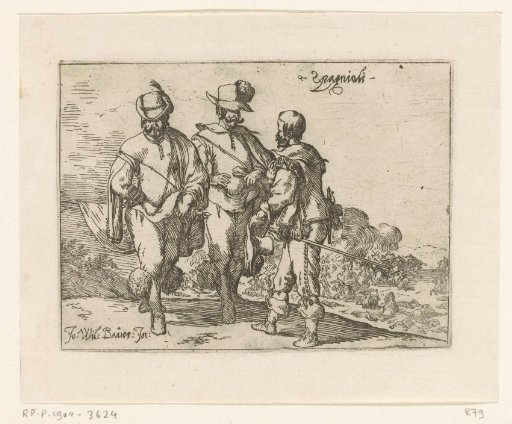 Three Spaniards, a battle in the background