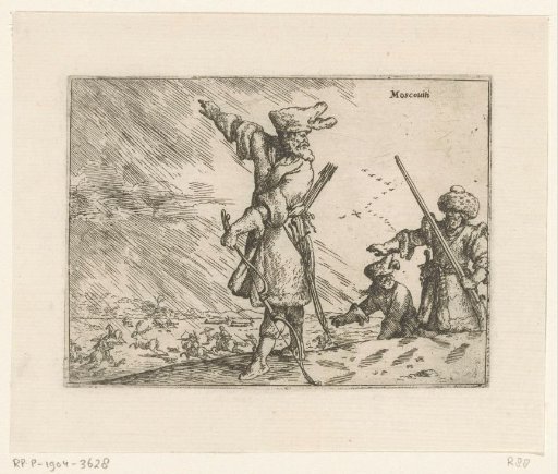 Three Russians, a hunting scene in the background