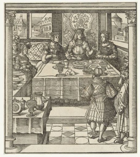 Maximilian sits at table with two women and receives a messenger