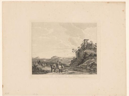 Rocky landscape with travellers on a path along a river