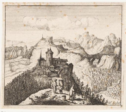 Mountainous landscape with grape pickers