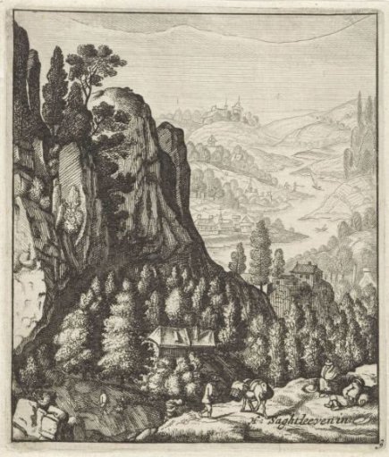 Rocky mountain landscape with peasants