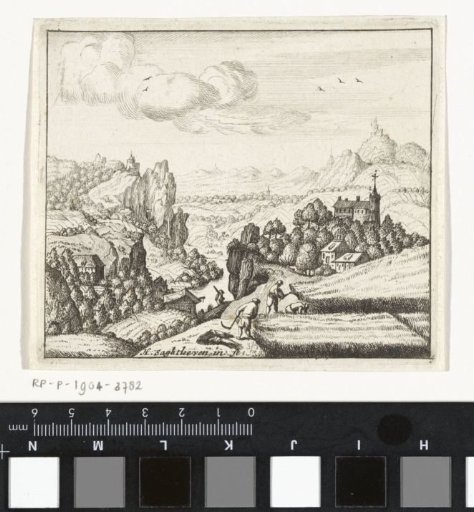 Mountainous landscape with harvesters