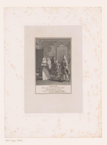 Interior with two gentlemen in conversation, two women on the left