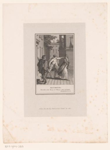 Man in robes chased away by two men with sticks