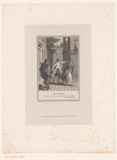 Mascarille, seated between two women, presenting a glove to each of them