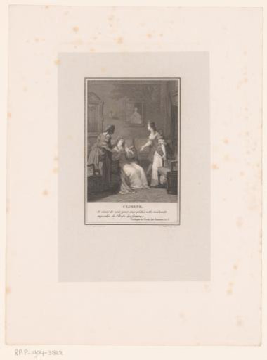 Interior with three elegant ladies, one seated in a chair