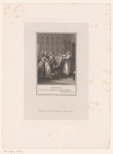 Interior with a man raising his stick towards a woman, another trying to restrain him