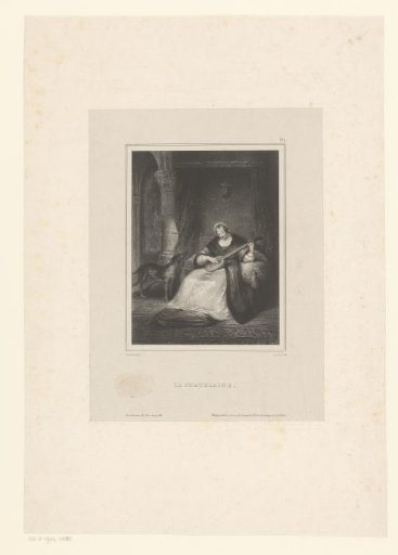 Woman playing a mandolin with a dog on the left
