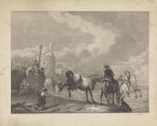 Horsemen and people along the waterfront