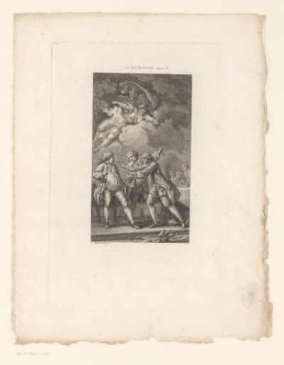 Scene from a poem with three fighting men illuminated by a floating woman
