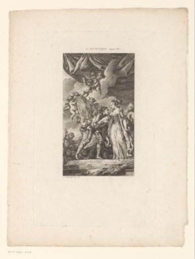 Scene from a poem with a couple surrounded by putti with a shield