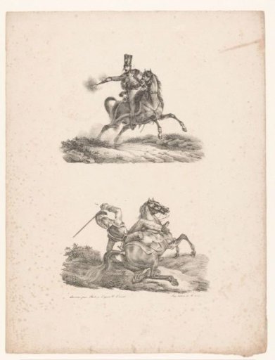 Mounted soldier fires a shot and a soldier falls from his horse