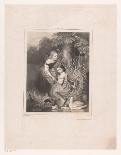 Girls with a duck and ducklings by the water