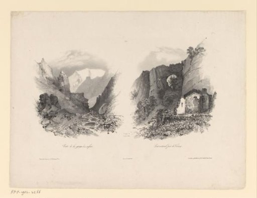 View of snow-capped mountain peaks and view of a natural bridge at Viviers