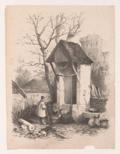 Peasant talking with woman and child before a well