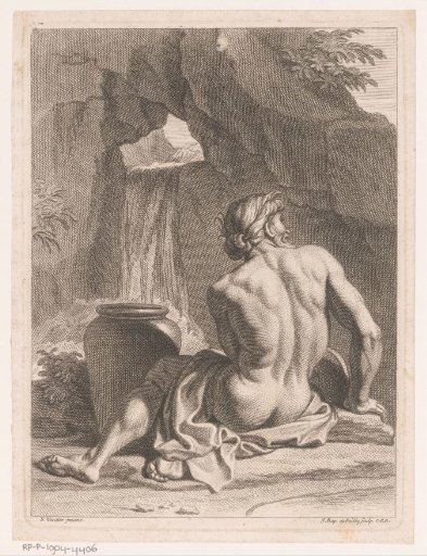 Seated man with jug by waterfall