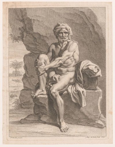 Nude man with headscarf, seated on rock