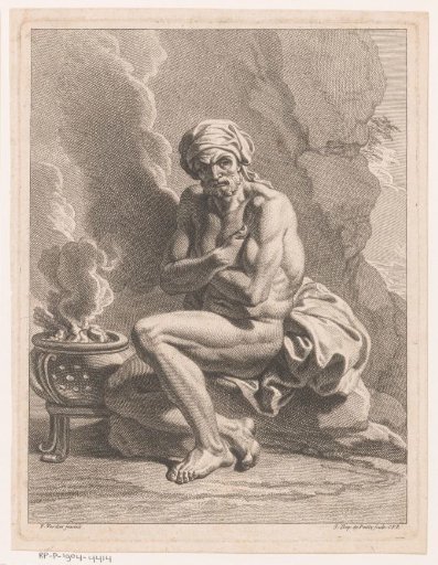 Nude man with headscarf by a fire