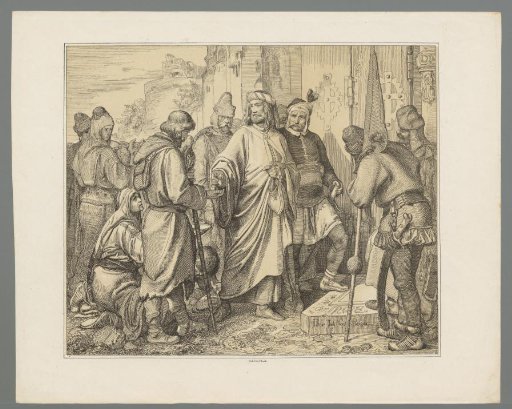 Prince with cloak distributes an alms