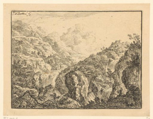 Mountainous Landscape with Waterfalls, a Sketcher in the Foreground