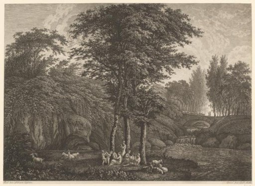 Rocky landscape with dancing and music-making nymphs near waterfalls