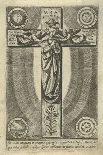 Virgin Mary standing on the crescent moon with a cross behind her
